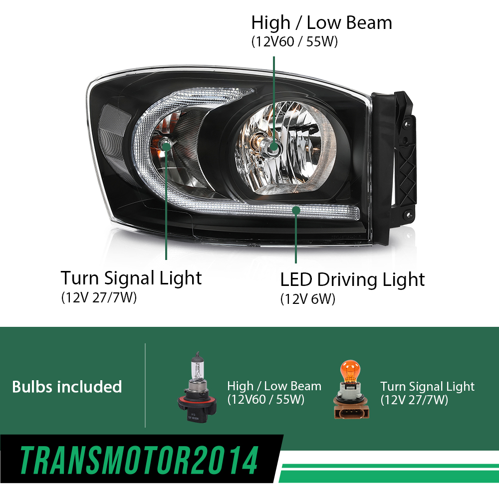 Pair Of Headlight Assemblies For 2006-2009 Dodge Ram 1500/2500/3500 - Chrome Bezel, Halogen 4 thumbnail image